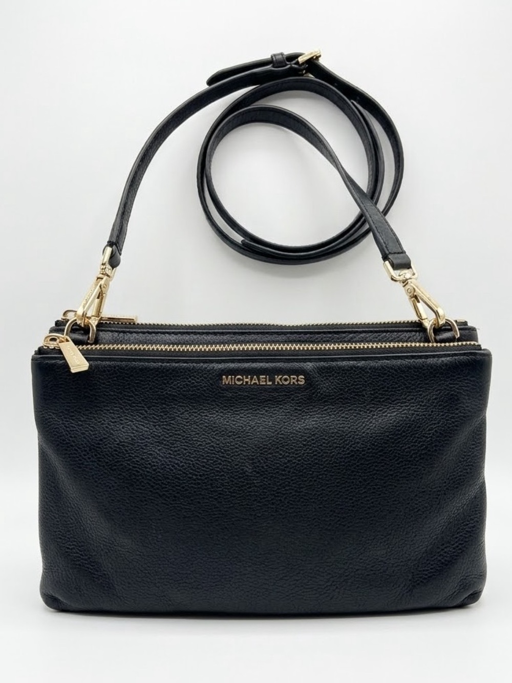 Michael Kors Black Pebbled Leather Double Zip Pouch Crossbody Bag Minimalist